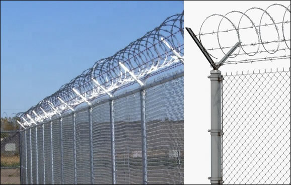 Chain Link Wire Fabric with Y Post Supported Barbed Wire Rows and Razor Wire Tops