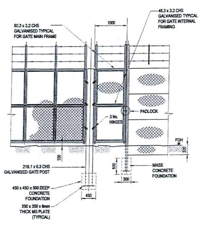 Pedestrian gate of galvanised post, frame, galvanized wire mesh infill, padlock and hinges