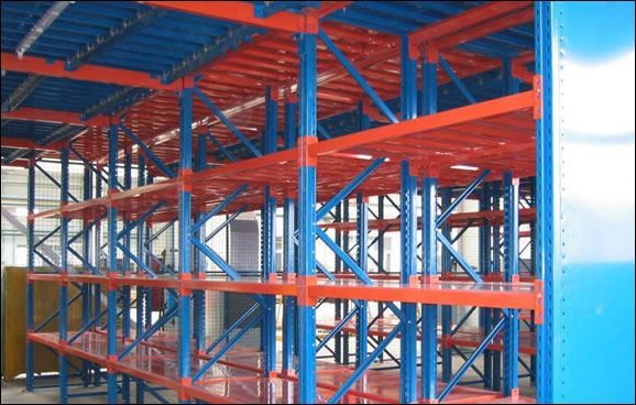 Adjustable pallet rack shelving for storing pallet packed products